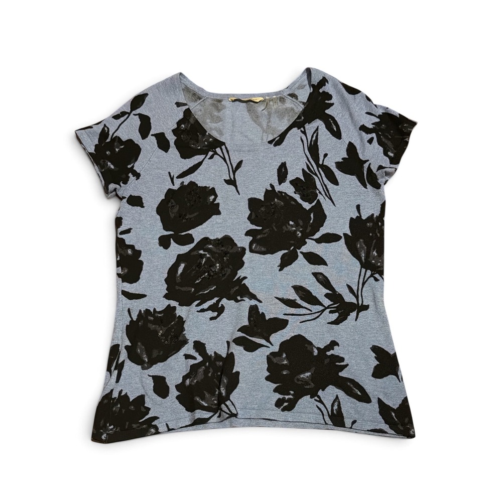 Soft Surroundings Blue Black Floral Sequin Short Sleeve Knit Top Medium